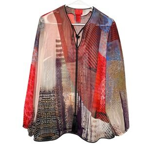 Cristina Patchwork Tassel Tie Sheer Boho Abstract Blouse Multiclr Women‎ Sz L